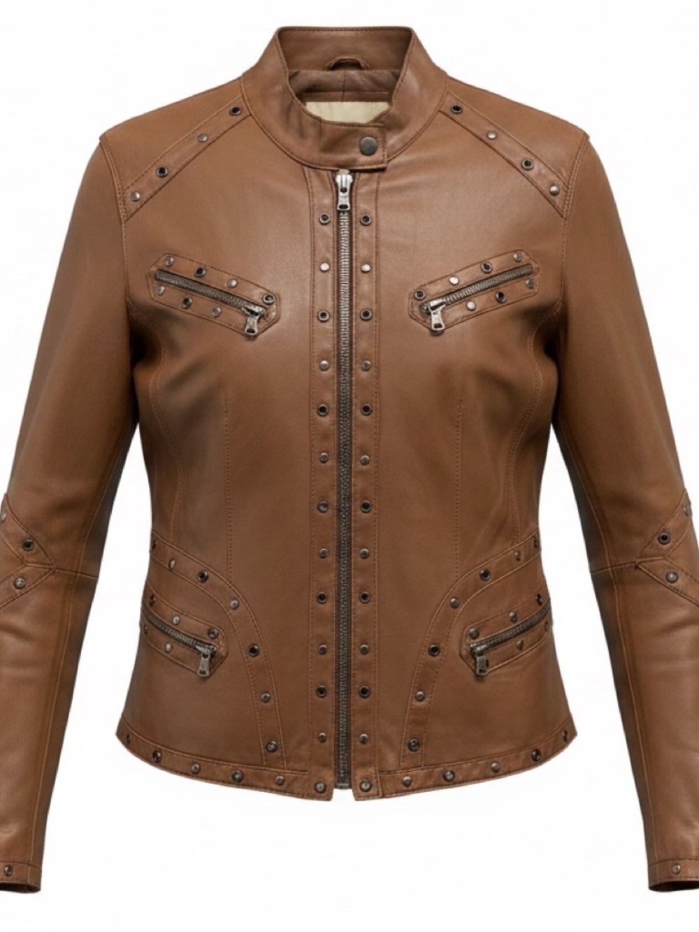 RIZAL BROWN GROMMET AND STUD DETAIL ZIP FRONT LEATHER JACKET